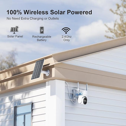 Security Cameras Wireless Outdoor, WIFI Cameras for Home Security, Wireless Outdoor Security Camera Solar Powered, 360 Camera with PTZ, PIR Sensor, 2K HD Color Night Vision, SD/Cloud, IP66 Waterproof
