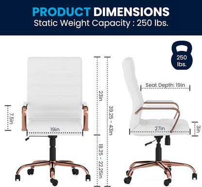 Flash Furniture Whitney High-Back Swivel LeatherSoft Desk Chair with Padded Seat and Armrests, Adjustable Height Padded LeatherSoft Office Chair, White/Rose Gold