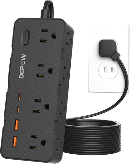 Black 2 Prong Power Strip, 2 to 3 Prong Outlet Adapter with 8 AC & 4 USB Ports (2 USB C), 6 FT Extension Cord, 1700J Two Prong Surge Protector, Wall Mountable, Ideal for Old House