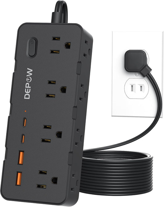 Black 2 Prong Power Strip, 2 to 3 Prong Outlet Adapter with 8 AC & 4 USB Ports (2 USB C), 6 FT Extension Cord, 1700J Two Prong Surge Protector, Wall Mountable, Ideal for Old House