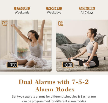 Digital Dual Alarm Clock for Bedroom, 0-100% Dimmer, Weekday/Weekend Mode, Easy to Set, USB Charger, Adjustable Alarm Volume with 5 Alarm Sounds, Snooze, 12/24Hr, Battery Backup (Wood Grain)