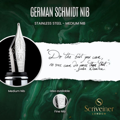Scriveiner British Racing Green Fountain Pen - Stunning Luxury Pen with Chrome Finish, Schmidt Nib (Medium), Best Pen Gift Set for Men & Women, Professional, Executive, Office, Nice Pens