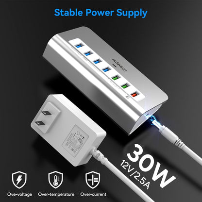 Powered USB Hub 10Gbps, Aluminum 7 Port USB 3.2 Data Hub with 4 USB 3.2 Gen 2 Ports, 3 Fast Charging Ports, 30W Power Adapter, Type A & C Cable for Mac, PC, Laptop