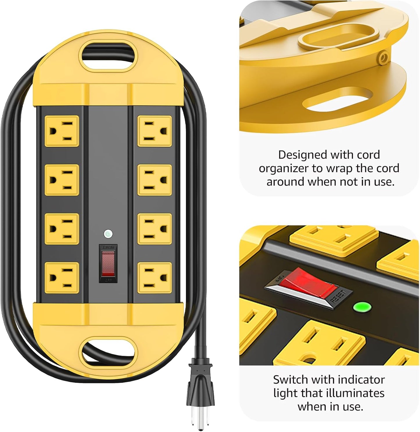 CCCEI Heavy Duty Power Strip Surge Protector, Metal 8 Outlets Power Strip for Appliance. Garage Shop Industrial Workbench 15 AMP Outlets Strip. 10FT Extension Cord, Yellow