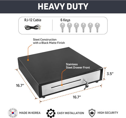 HK SYSTEMS 16inch Cash Drawer for POS, No Logo, Black, DC 24V/Micro Switch, RJ12, 1slot, Removable and Adjustable cash tray 5-bill/5-coin Metal wire gripper, 6Keys #135, Stainless Steel front, HK box