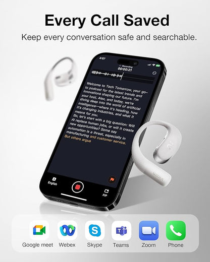 OpenNote AI Voice Recorder – Open Ear Headphones with FlashRecord, Call Recording, Real-Time Transcription, Translation, AI Assistant, for Students, Professionals & Interview Recording, Gray