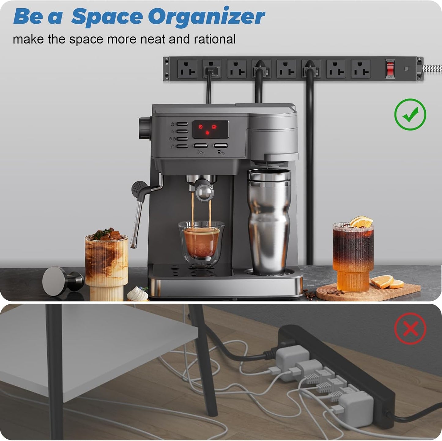 HEZI 20 Amp Power Strip Surge Protector 1200J, Metal 8 Outlets Heavy Duty 20amp, 15Ft 12 Gauge Extension Cord for Appliance Workbench Garage Industrial, Combine with T-Plug Adapter,5-20R T-Slot