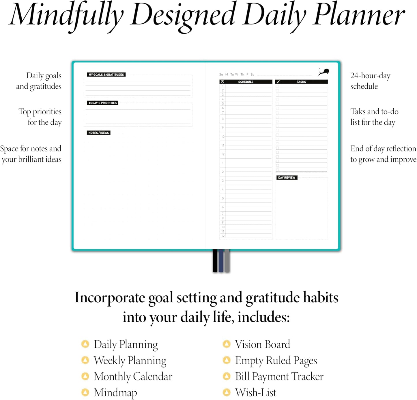 Daily Planner, Calendar and Gratitude Journal to Improve Time-Management, Productivity & Happiness | Vegan Leather Hardcover Organizer with Blank Dates, Undated 6 Months 24 Hour Agenda