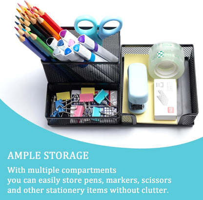 Black Mesh Pen Holder Desktop Organizers Pencil Holder for Desk 3 Compartments Metal Office Supply Organizer with Sticky Notes Holder for Office Desk Accessories