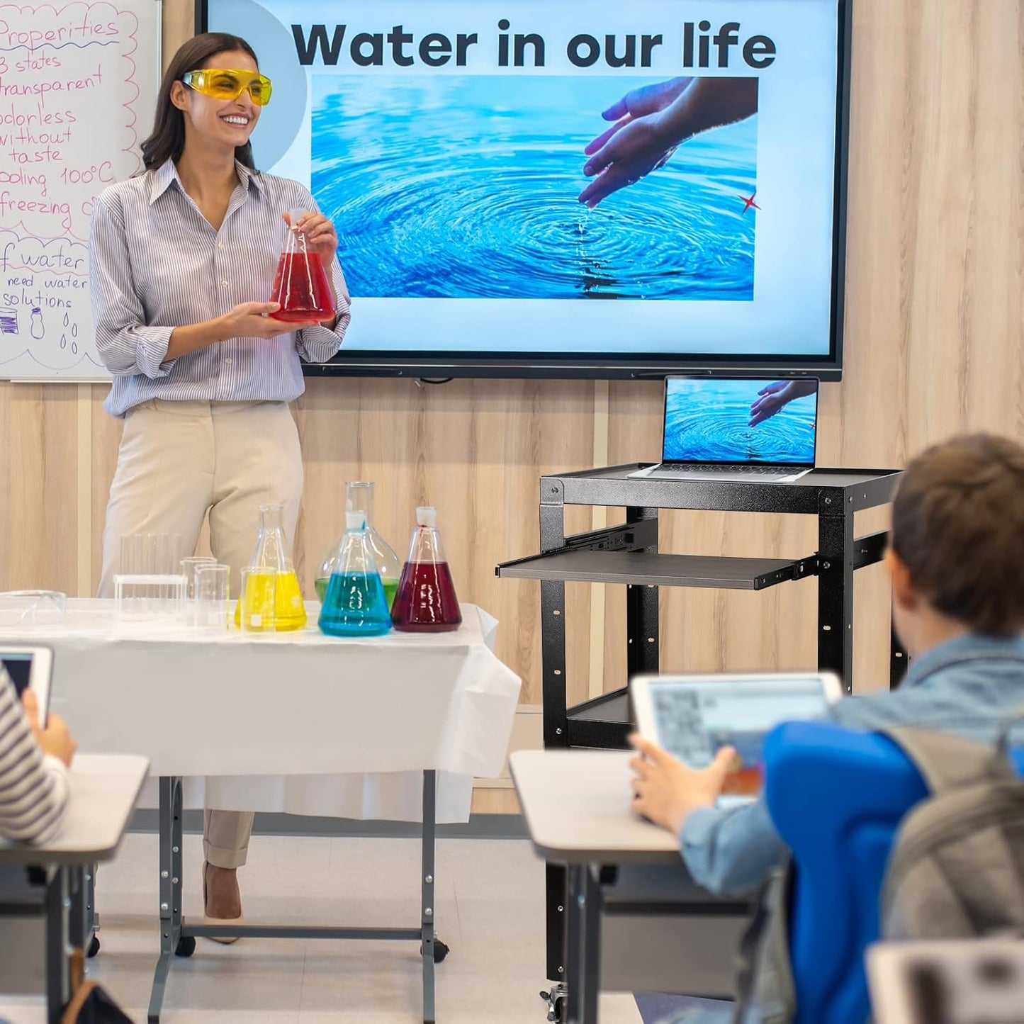 AV Carts, Rolling Presentation Cart Station, Height Adjustable Media Cart for Video Projector, TV, Printers, Computers with 1 Storage Locking Cabinet, 1 Sliding Keyboard Tray, 3 Outlets, 2 USB Ports