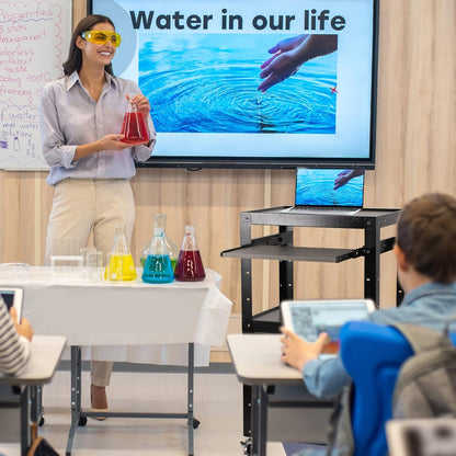 AV Carts, Rolling Presentation Cart Station, Height Adjustable Media Cart for Video Projector, TV, Printers, Computers with 1 Storage Locking Cabinet, 1 Sliding Keyboard Tray, 3 Outlets, 2 USB Ports