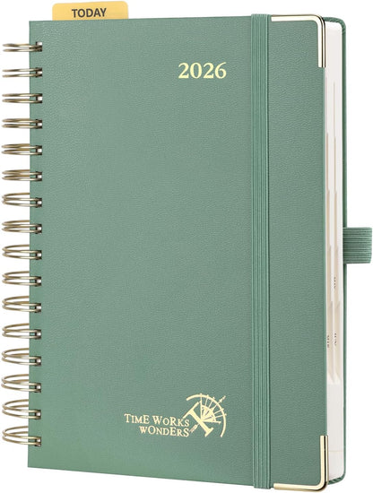 POPRUN 2026 Daily Planner One Page A Day - [8.5" x 5.75" Wire-Bound Hard Cover] Agenda 2026 Hourly Appointment Book with Monthly Calendar, Inner Pocket, Ivory Paper - Midnight Green