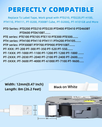 30-Pack Label Maker Tape TZe231 12mm 0.47 Inch Laminated White Tz Tape Replacement for Brother P Touch Label Maker Tape Compatible for Label Maker PT D210 D220 D200 H100 D400 1280, Black on White