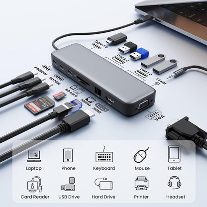 USB C Hub Laptop Docking Station Dual Monitor,14 in 1 Multiport Adapter with 4K HDMI,VGA,8 USB C/A Ports,100W PD Fast Charging,Audio&Mic,SD&TF,USBC Dongle for MacBook/Dell/HP/Lenovo ThinkPad/Surface