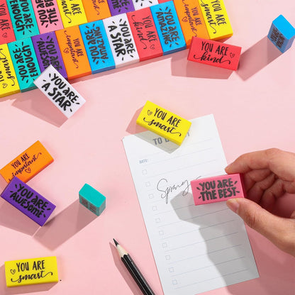 PerKoop 150 Pcs Inspirational Erasers Bulk Back to School Gifts Colorful Motivational Pencil Erasers for Kids First Day of School Favors for Students Teachers Classroom Office Supplies