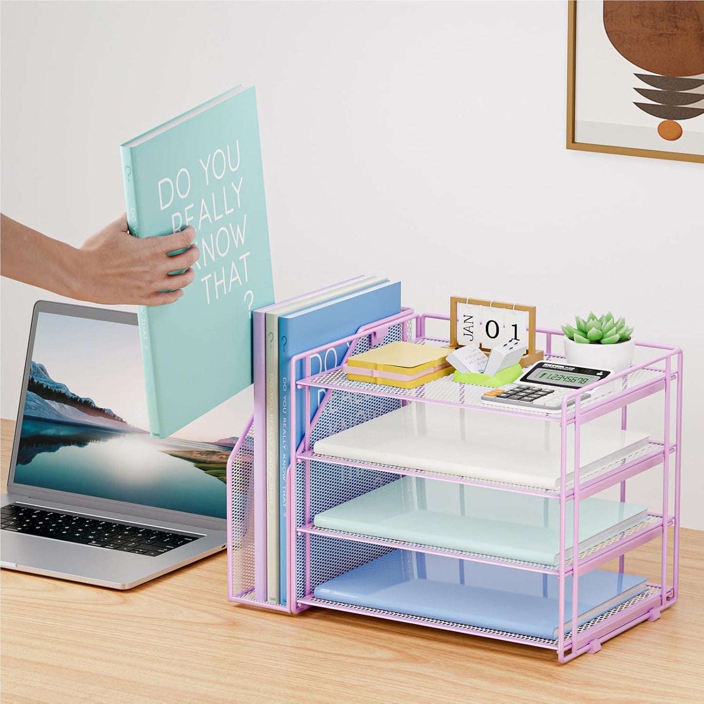 Marbrasse Desk Organizer and Accessories，4-Tier Paper Letter Tray Organizer with File Holder，Desk Accessories & Workspace Desktop Organizers for School Home Office Supplies (Purple)