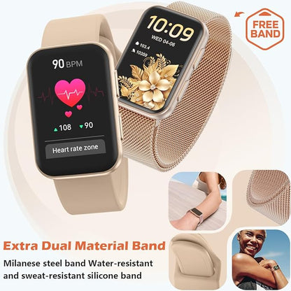 MorePro Health Fitness Tracker with Blood oxy-gen Monitor and 24/7 Heart Rate and Blood Pressure, Sleep Monitor, 120+ Sport Modes Waterproof Fitness Watch for Women Men Android iOS, Milanse Gold