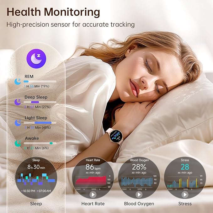 Smart Watch for Women, 1.27" AMOLED Screen Smartwatch with Answer/Make Call for iPhone/Android/Samsung, Fitness Tracker with 120+ Sport Modes, Heart Rate/Sleep/Health Monitor, IP68 Waterproof, 2 Bands