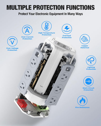 Power Strip Surge Protector, 10 Ft Extension Cord with 12 AC Multiple Outlets 4 USB (1 USB C), SMALLRT Power Tower Desktop Charging Station (White, 10 FT)