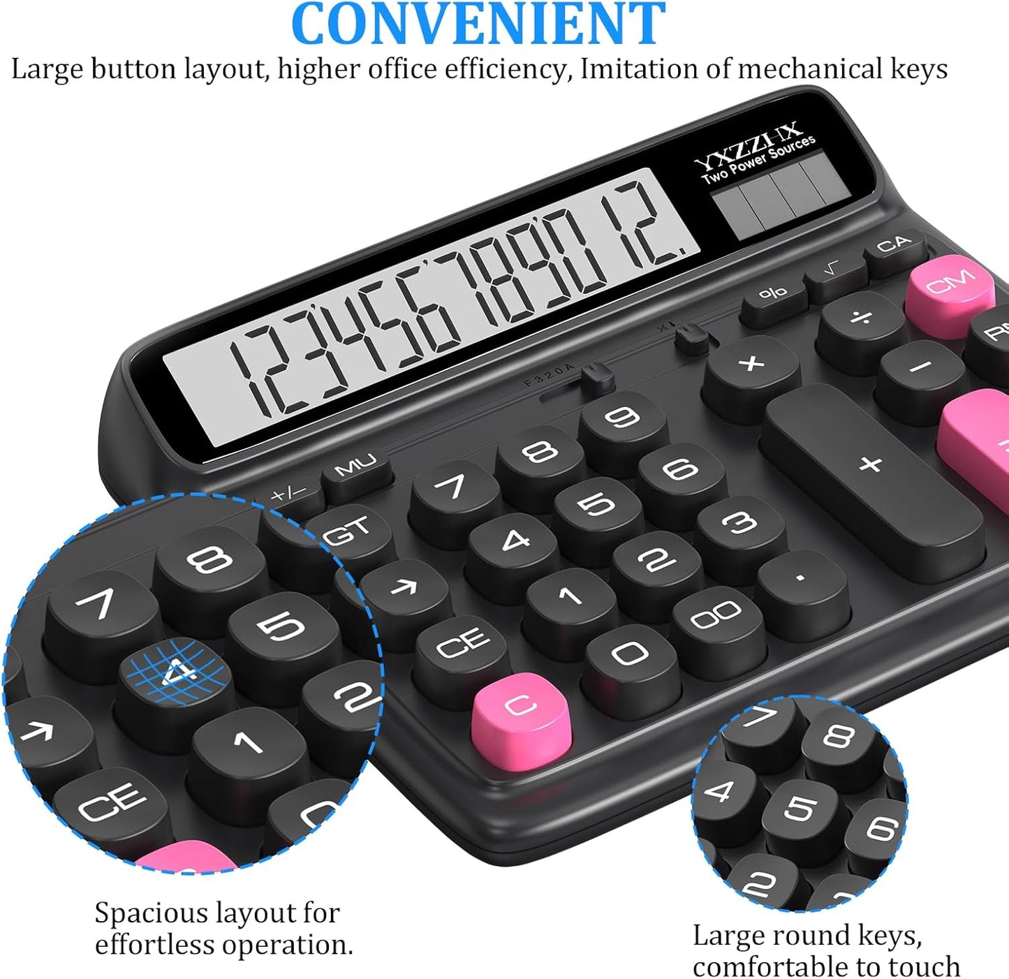 Desktop Calculator with Extra Large 5-Inch LCD Display, 12-Digit Two Way Power Solar & Battery Office Calculator with Big Buttons for Business, Accounting & Home Use(Black)