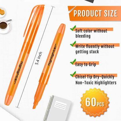 Fuutreo 60 Pack Pastel Highlighters Bulk Bright Color Highlighter Marker Chisel Tip Dry Quickly Safe Highlighter Pens Fluorescent Ink for Adults Home School Office(Orange)