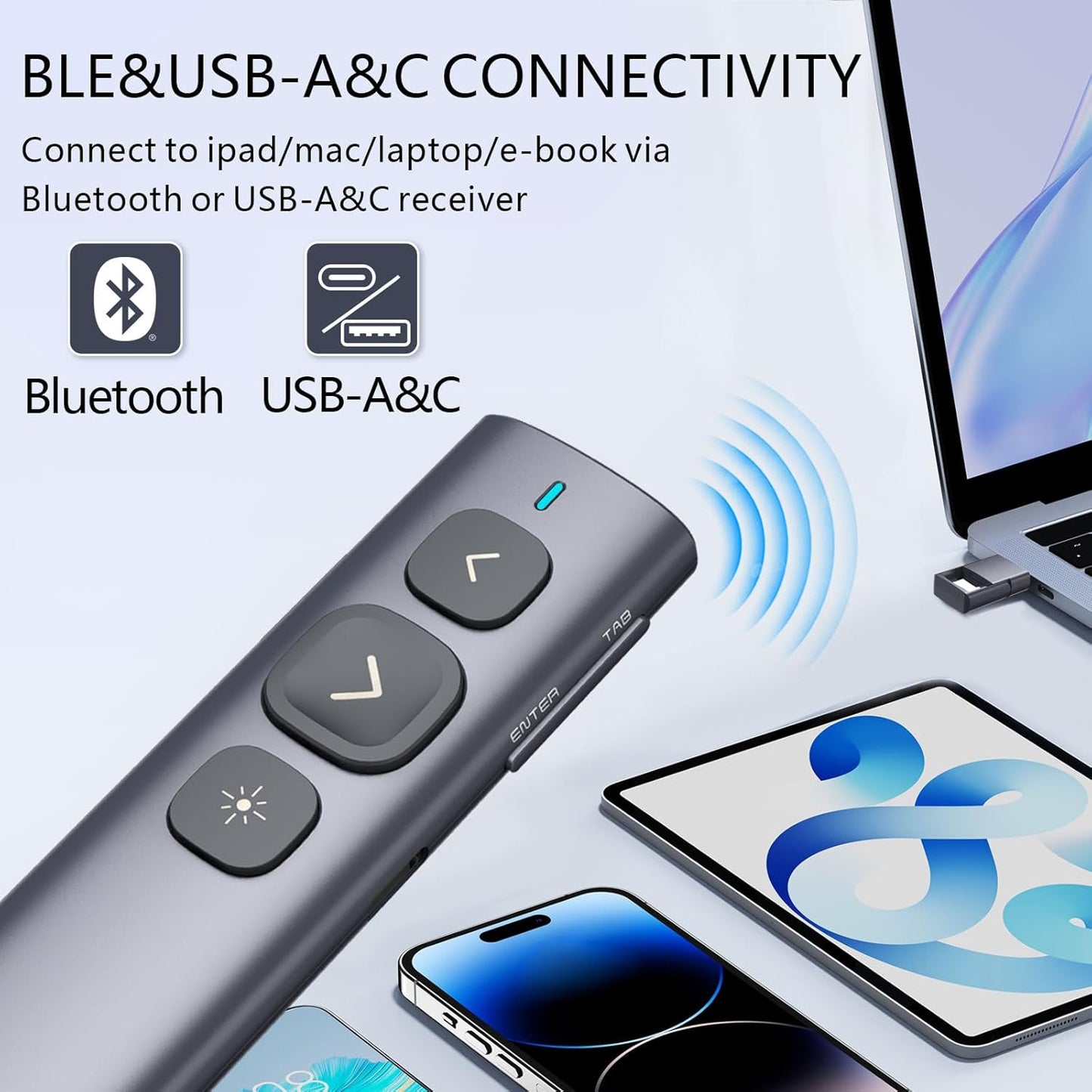 Norwii N95 Presentation Clicker, PowerPoint Clicker for Presentation Remote, Rechargeable Wireless Presenter Pointer, Slide Advancer for PC/Laptop/e-Book (BLE&USB-A&C, Green Light)