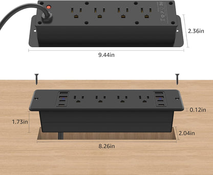 HHSOET 8 Outlet Recessed Power Strip, 30W Fast Charging Furniture Power Outlet USB C, Flush Mount Surge Protection Socket with 4 USB-A and 4 USB-C, 10ft Power Cord. (Black)