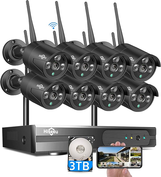 Hiseeu Wireless Security Camera Outdoor, 16CH 5MP WiFi Pro 8-Camera Kit, Wireless Security Camera System, Black Home Safety System, Need Plug-in,Motion, IP66, 3TB Storage, No Monthly Fees