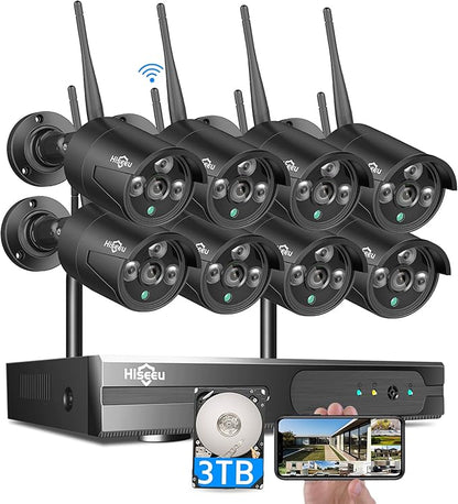 Hiseeu Wireless Security Camera Outdoor, 16CH 5MP WiFi Pro 8-Camera Kit, Wireless Security Camera System, Black Home Safety System, Need Plug-in,Motion, IP66, 3TB Storage, No Monthly Fees