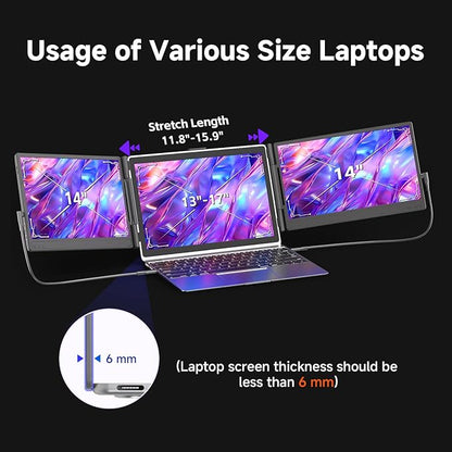 Triple Laptop Screen Extender, Upgraded 14" 1080P FHD IPS Laptop Monitor Extender, Plug & Play LCD Type-C/USB-A/HDMI Travel Monitor for Laptops 13"-17", Fits Windows Mac Linux Chrome