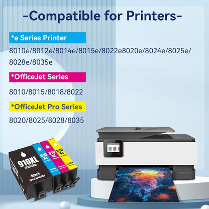 910XL Ink Cartridges Combo Pack Replacement for HP 4 Pack Black and Color 910XL Ink Cartridges HP910 HP910XL for Officejet Pro 8025e 8015e 8028e 8035e 8025 8035 8020 Printer (BK/C/M/Y)