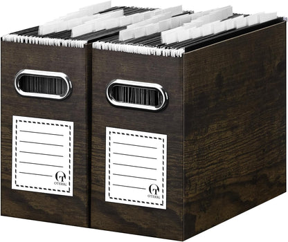Oterri File Organizer - Small Cardboard Storage Box, Collapsible and Portable With Handle for Letter Size Files, Hanging Folder Box (Brown Wood Grain Print, Letter Size - 2 Packs)