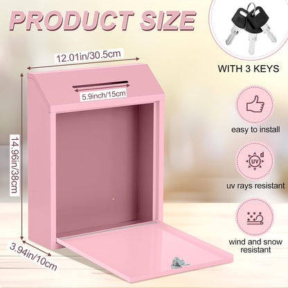 Metal Donation Cash Box Collection Safe Suggestion Box with Lock Wall Mounted Mailbox Delivery Ballot Container for Home Office Outdoor Door(Pink,15 x 12 x 4 Inch)