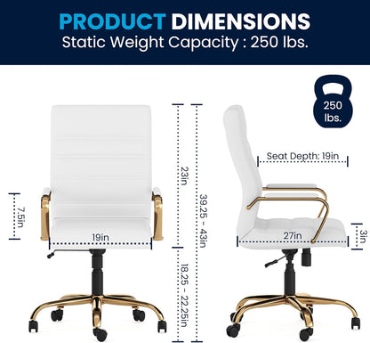 Flash Furniture Whitney Mid-Back Swivel LeatherSoft Desk Chair with Padded Seat and Armrests, Adjustable Height Padded Office Chair, 27"D x 26"W x 43"H, White/Gold