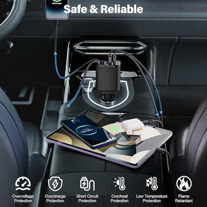 Retractable Car Charger USB C 4 in 1 87W Cigarette Lighter Car Phone Charger Adapter for iPhone 17 with Voltage Display Fast Charge for iPhone,Android,Samsung,etc