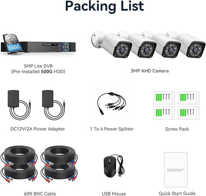 Wired Security Camera System, 8CH 5MP Lite CCTV Surveillance DVR Kit with 500G HDD, 4 x 3MP AHD Security Camera Outdoor, IP66 Waterproof Metal Shell,Remote Access,Smart Detection,24/7 Record