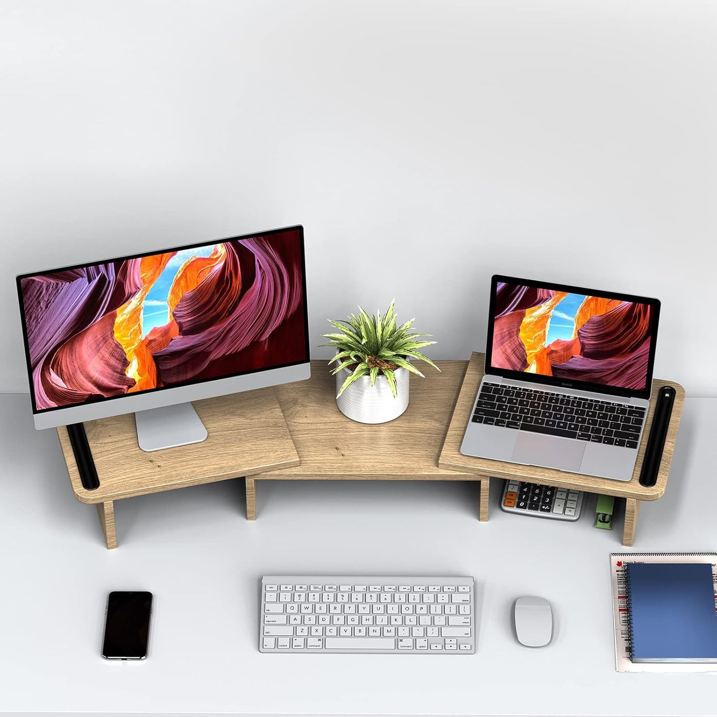 Zimilar Dual Monitor Stand Riser, Monitor Stand with Adjustable Length and Angle, Wood Monitor Stand for Desk, Monitor Riser for 2 Monitors with Storage Space