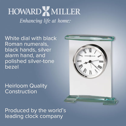 Howard Miller Augustine Tabletop Alarm Clock - Glass Bracket Style, Silent Quartz Movement, Modern Desk Clock with Roman Numerals, Battery Operated, Perfect for Home or Office Decor