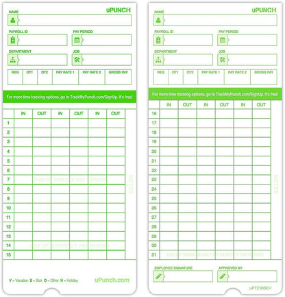 100 uPunch Time Cards for HN3000