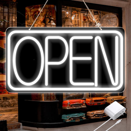 16.5" X 9" Led Neon Open Signs for Business Ultra Bright Plug In Electric Light Up Open Signs with ON/OFF Switch and 12V/2A AC Adapter for Storefront Window Bar Salon Coffee Stores (White)