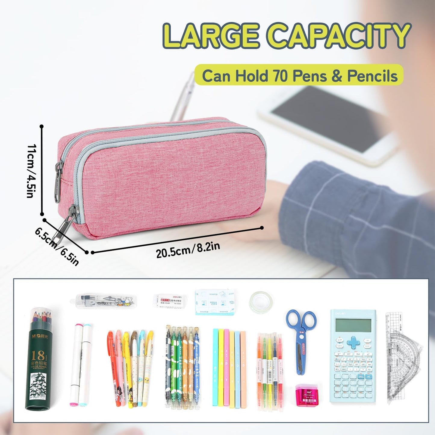 Della Gao Big Capacity Pencil Pen Case Nylon Large Pencil Pouch Simple Stationery Bag Office Organizer Pen Bag for Men Women - Pink