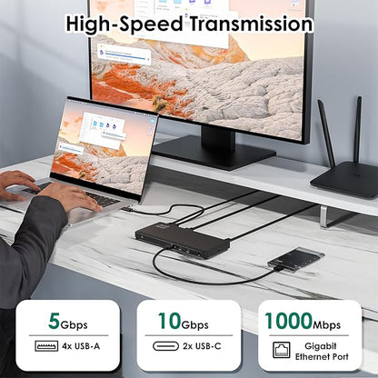 Minthouz 12 IN 1 Docking Station with 100W Charging, Triple Display, 1000Mbps LAN Port, Laptop Docking Station Monitor Single 8K or Triple 4K, 4X USB-A, 2X USB-C, Ethernet Port, for Windows Mac Chrome