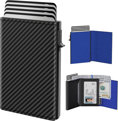 typecase Mens Wallet Card Holder: Pop Up Aluminum Case, Genuine Leather, Smart, RFID Blocking, Slim, Minimalist, Front Pocket - 9-14 Card Capacity | ID Window | Cash Slot (Carbon Fiber Navy)