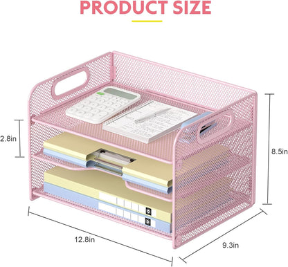 Samstar 3 Tier Pink Letter Tray Paper Organizer with Handle, Mesh Desk Organizer Paper Sorter File Rack Shelves, Pink