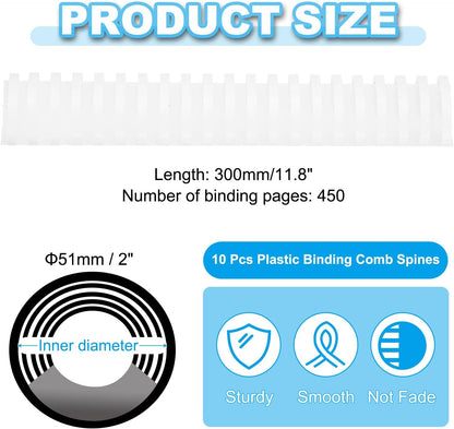 PATIKIL 51mm (2") Plastic Binding Combs, 10 Pcs 21 Rings Comb Binding Spines 450 Sheet Capacity Letter Size for Binding Paper Sheets Notebook Calendar Picture Album, White