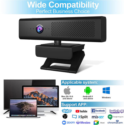 Full HD 1080P Computer Camera with 4 Built-in Omnidirectional Microphones and Speaker for Video Conference Streaming, USB External Webcam with Magnetic Privacy Cover for Desktop Monitor Laptop
