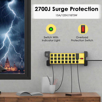 HHSOET Heavy Duty Power Strip with Surge Protection, Industrial Commercial Metal 24 Outlets Wall Mount for Garage Shop, 15 Amp, Switch, 6FT Extension Cord, Yellow.