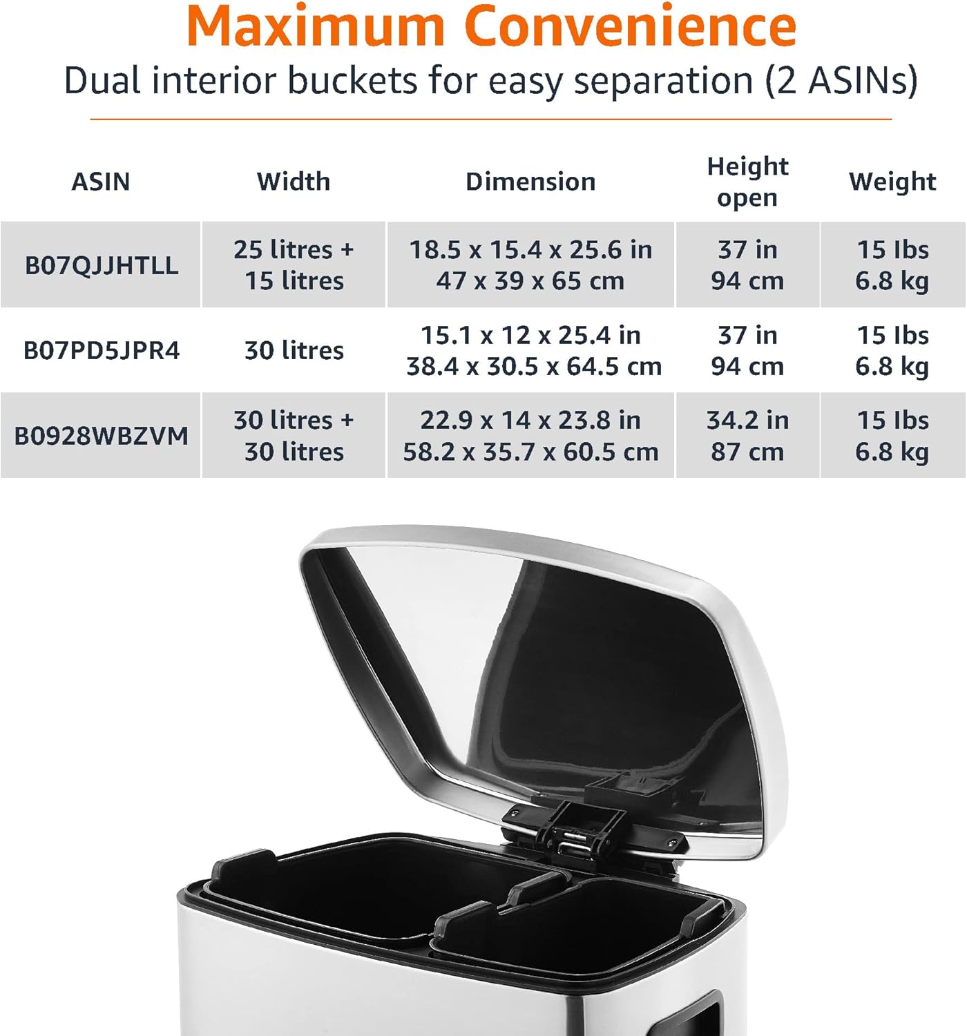 Amazon Basics Dual Compartment Recycling Trash Can with Soft-Close Lid and Removable Liner Buckets, 60 Liters, Rectangular, Grey, Silver