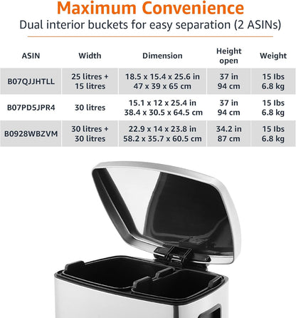 Amazon Basics Dual Compartment Recycling Trash Can with Soft-Close Lid and Removable Liner Buckets, 60 Liters, Rectangular, Grey, Silver