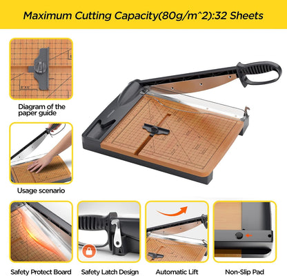 12'' Wood Guillotine Paper Cutter, Heavy Duty Wood Base Paper Trimmer with 32 Sheets Capacity Paper Cutting Board for Classroom, Crafting, Cardstock, Art Projects